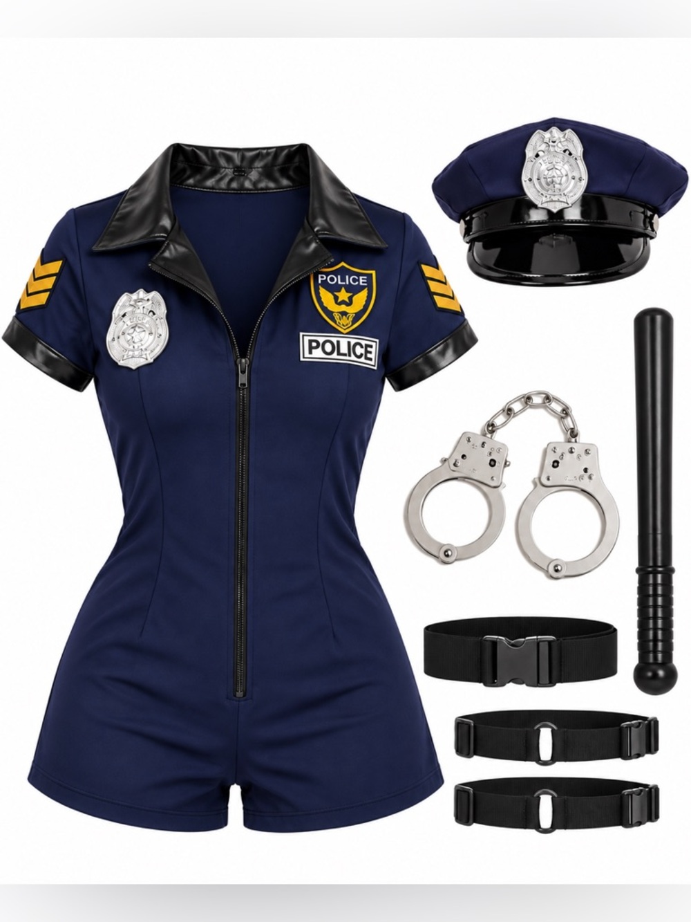 New - Police Women's Navy Short-Sleeve Jumpsuit Costume with Hat & Accessories